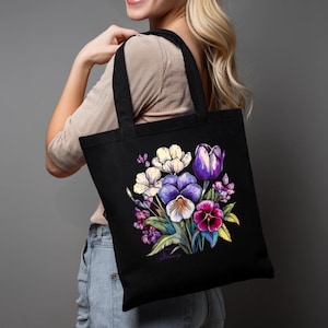 February Birth Month Flower Tote Bag | Violets and Primrose Floral Design, Birthday Bag, Gift for Her, Eco, Botanical Design, Mothers Day