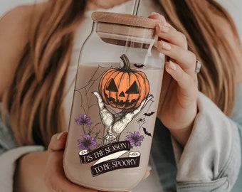 Skeleton Hand Pumpkin Halloween Tumbler Cup With Lid & Straw Fall Coffee Mug Fall Season Gift Spooky Design Iced Coffee Cup 16oz Glass Cup