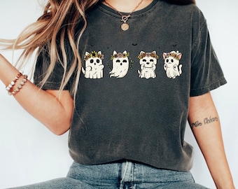 Camicia retrò Halloween Comfort Colors Camicia Cat Halloween Camicia Vintage Cool Halloween Cat Camicia Fantasma per amante dei gatti Camicia autunnale Camicia autunnale