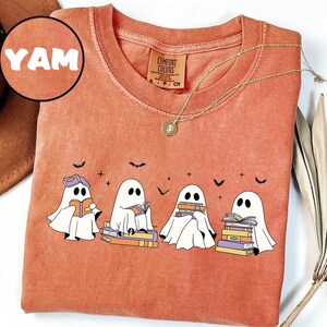 Retro Ghost Reading Books T-shirt for Librarian Comfort Color Ghost Halloween Shirt Halloween Teacher Sweatshirt Halloween Shirt Reading Tee