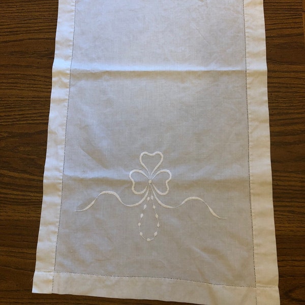 Vintage White Cotton Table Runner or Dresser Scarf with White Embroidery and Drawn Thread Border | 17.5" x 34.5"