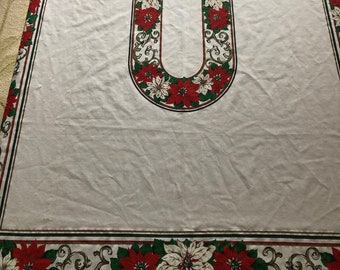 Poly/Cotton Blend Christmas Rectangular Tablecloth w/ Center Oval and Outside Border in Red, Green and Gold Poinsettias by Sunweave Linen