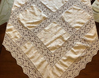 Vintage White Floral Embroidered Linen and Cotton Crocheted Filet Lace Tablecloth | 59.5" x 62.5"