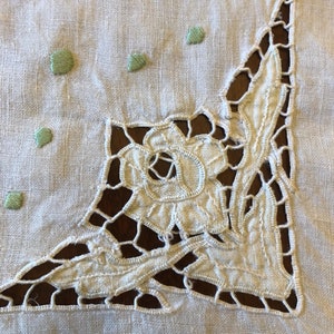 Off-White Linen Square Table Topper or Tablecloth with Green Embroidery, Cutwork, and Edging | 34&quot; x 34&quot;