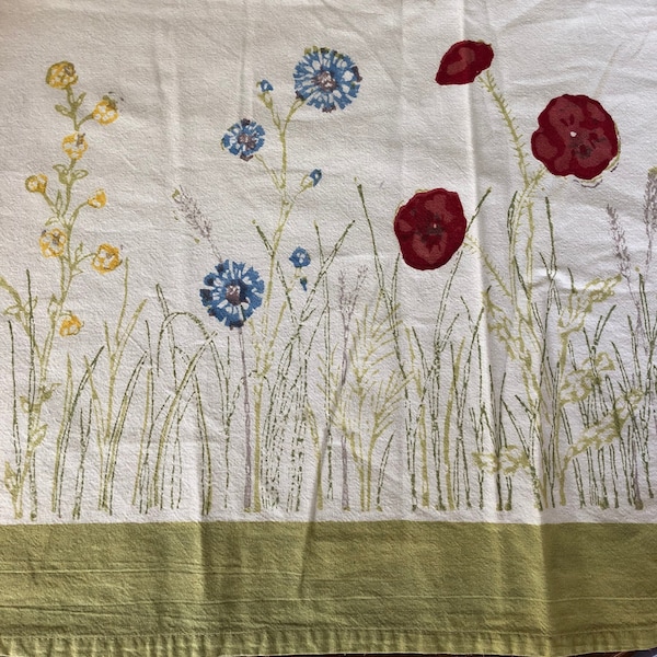 Vintage Couleur Nature by Bruno Lamy Hand Block Printed Floral Square Tablecloth in Blue and Green | 58" x 60"
