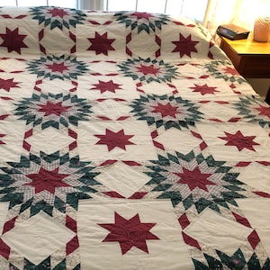White, Burgundy and Forest Green 8 Pt. Star Pieced Country Quilt, Handmade | 86&quot; x 98&quot;
