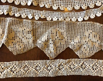 Lot of 4 of Vintage Hand Crocheted Lace Trim Yardage for Crafting, Sewing and Mixed Media Projects