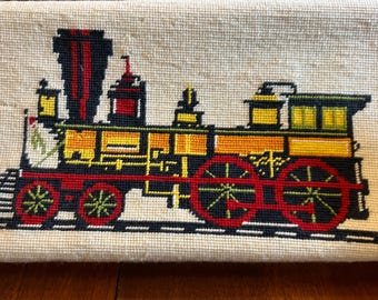 Hand Needlepoint Steam Locomotive Train Unframed Completed Art on Stretcher Frame | 8.25" x 12.25"