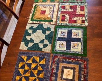 Set of 8 Unfinished Coordinating Cotton Pieced Quilt Squares for Pillow Tops, Baby Quilt, Tote Bag | 12.5" x 12.5"