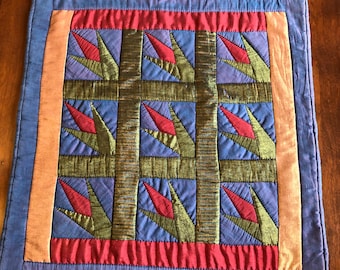 Small Handmade Quilted Floral Block Wall Hanging in Metallic Purple, Green, Red and Gold | 19.5" x 20"