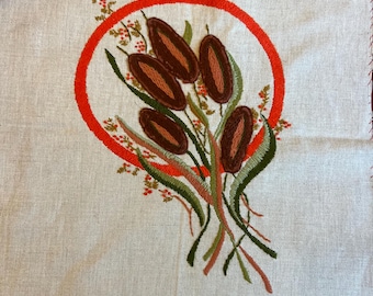 70s Completed Crewel Art, Floral Unframed on Beige Linen |  16" x 19"