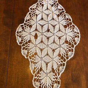 Beige Cotton Diamond Shaped Hand Crocheted Floral Table Topper Centerpiece Doily | 14.5&quot; x 25&quot;
