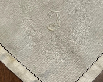 Set of 7 Matching Off-White or Ivory Cotton Damask Napkins with Drawn Thread Border and Monogram F | 14" x 15"