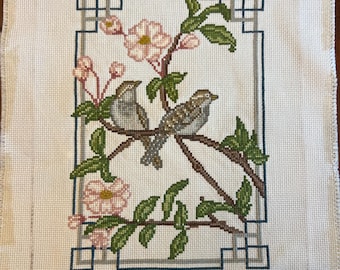 Completed Cross Stitch Art, Unframed, Bird in Apple Tree |  7" x 9" Finished