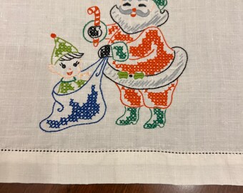 White Linen Hand Cross Stitched Santa's Toy Bag Christmas Fingertip Towel | 12.5" x 17.5"