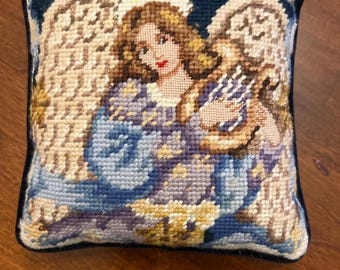 Small Needlepoint Square Decorative Pillow with Angel and Navy Blue Velvet Backing and PIped Edge | 7.5" Square