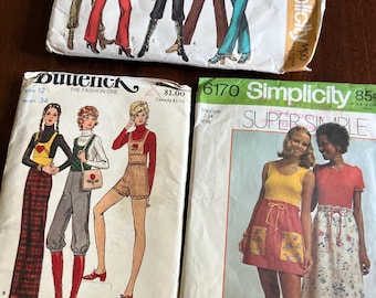 Set of 3 Early 70s Sewing Patterns, Skirts, Pants, Size 12 Miss Simplicity and Butterick