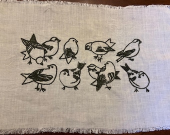 Unframed Completed Off-White Linen Hand Embroidered Birds in Olive Green | 11" & 17"