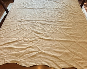 Beige Coarse Linen Rectangular Tablecloth with Wavy Edge and Drawn Thread Work | 84" x 68"