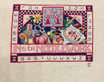 Completed Counted Cross Stitch Art N is for Needlework Unframed, by Kooler Design Studio | 11.5" x 9.5"