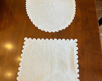 Set of Two White Linen Table Toppers, Doilies, Square and Oval | 11.5" x 17.5" and 11.5" Square