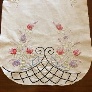 Puede incluir: Camino de mesa bordado de color crema con diseños florales en rosa, morado y verde. El borde inferior presenta un patrón de enrejado negro. El camino de mesa está hecho de una tela suave, posiblemente lino.