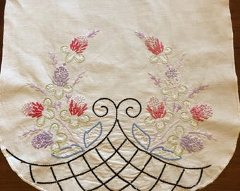 White Cotton Table Runner or Dresser Scarf ith Hand Embroidered Clover Flowers and Black Grid with Rounded Corners | 13" x 37.5"