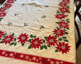 MCM White Cotton Christmas Print Poinsettia Snowflake Rectangular Tablecloth | 51.5" x 63"