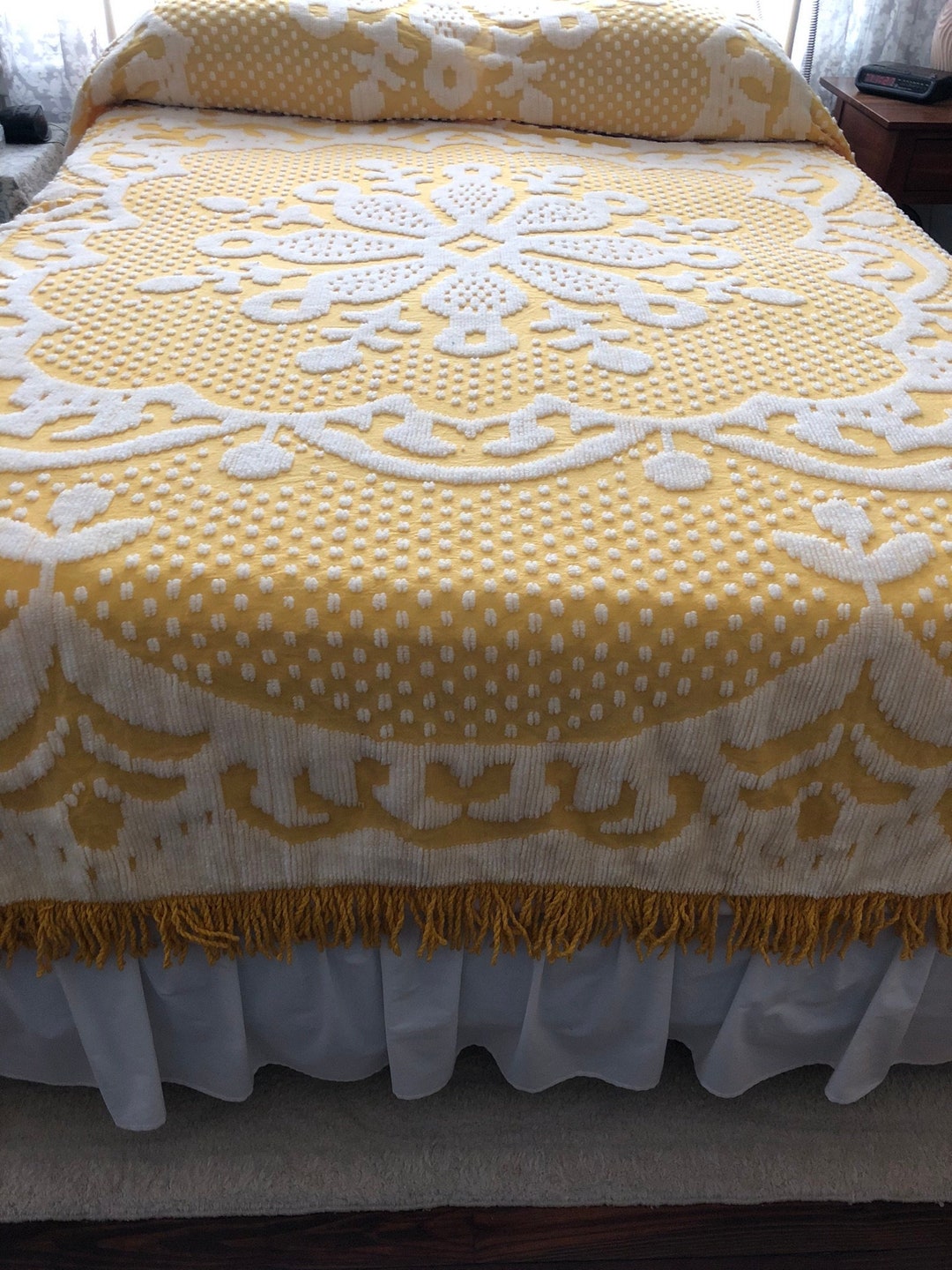 Vintage Mustard Yellow Chenille Bedspread With Offwhite Medallion