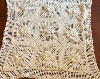 Ivory Hand Crocheted Floral Granny Square Pillow Sham Cover with 3D Flowers and Border | Fits 16" Pillowform