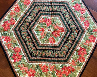 Handmade Christmas Hexagonal Table Topper Centerpiece with Machine Quilting | 25" Diameter