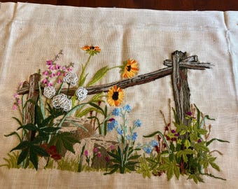 Completed Crewel Art on Beige Linen Wildflowers and Fence  by National Paragon Corp, 916, 1974 | 17" x 23"