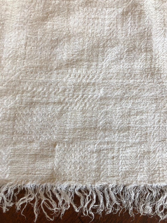 Handwoven White Linen and Cotton Patterned Thick Fabric with Handsewn Seam | 51" x 65.5"