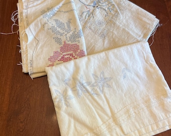 Lot of Three PIeces of Linen Fabrics with Stamped Cross Stitch or Embroidery Designs Partially Completed for Crafting and Sewing Projects