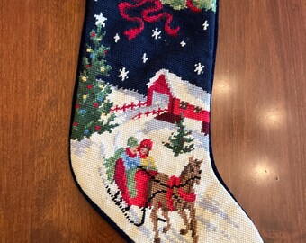 Needlepoint Christmas Stocking Navy Velvet Nighttime Sleigh Ride by Land's End | 19"