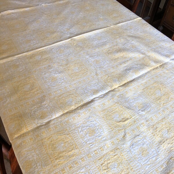 Vintage Thick Cotton Golden Yellow Damask Tablecloth with Roosters in Squares | 45.5" x 62.5"