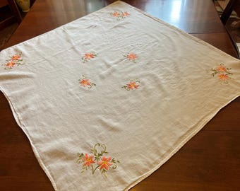 White Cotton Square Table Topper with Hand Embroidered Floral Center and Corners | 31" x 32"
