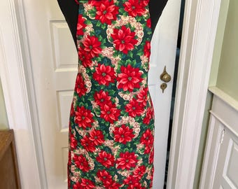 Red and Green Cotton Christmas Poinsettia Print Full Apron w/ Back Ties and Pockets | One Size