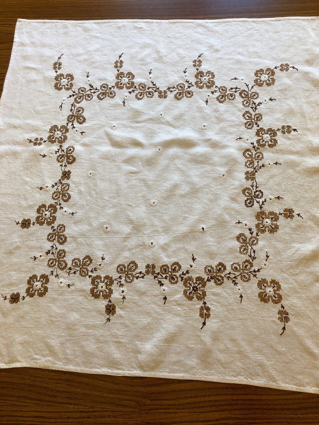 Vintage White Cotton or Linen Table Topper Square With Brown - Etsy