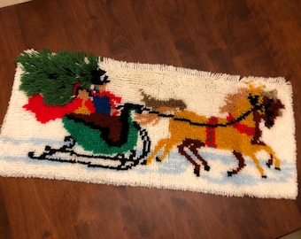 Handmade Latch Hooked Canvas Rug or Wall Hanging with Christmas Sleigh and Horses | 15" x 35"