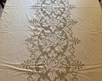 Ivory Cotton Large Rectangular Tablecloth with Hand Cross Stitched Floral Design and Wavy Edge | 58" x 99"