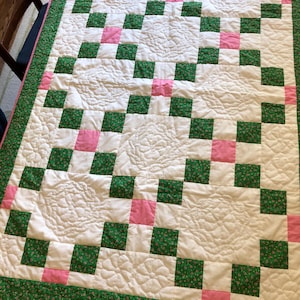 Handmade Small White, Green and Pink Cotton Pieced Quilt Throw Blanket Floral and Celtic Knot Stitching | 40&quot; 56.5&quot;