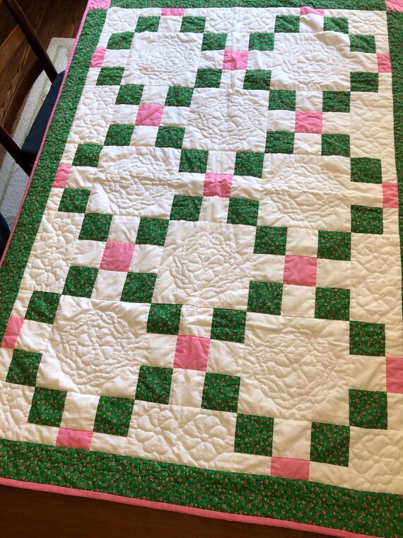 Handmade Small White, Green and Pink Cotton Pieced Quilt Throw
