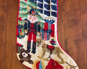 Wool Needlepoint Christmas Stocking Nutcracker and Toys Under Tree "Bart" Embroidered Name and Red Cotton Velvet Backing by Land's End | 19"