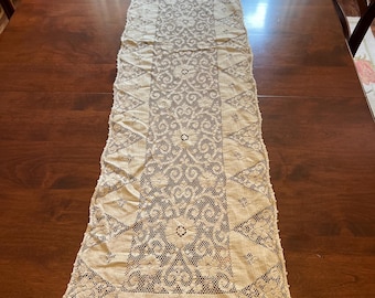 Taupe or Beige Cotton Quaker Lace Floral Long Table Runner | 14" x 60"