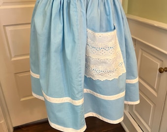 Blue and White Half Skirt Apron with White Eleyet Patch Pocket and Back Tie | One Size