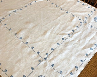 Vintage Fine White Linen Table Topper Square with Tiny Blue Cross Stitch Borders and Corner Medallions | 36' x 37'