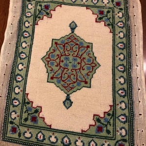 Artisan Handmade Needlepoint Miniature Dollhouse Rug in Ivory, Green, Red and Blue | 8&quot; x 11&quot;