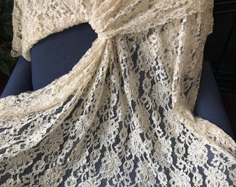 Vintage Bridal Lace Fabric Remnant--Ivory Floral with Pearl Beading and Irridescent Sequins |