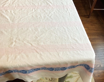 White Cotton Damask Long Rectangular Tablecloth with Pink Stripes and Blue Floral Damask Border | 54" x 95"
